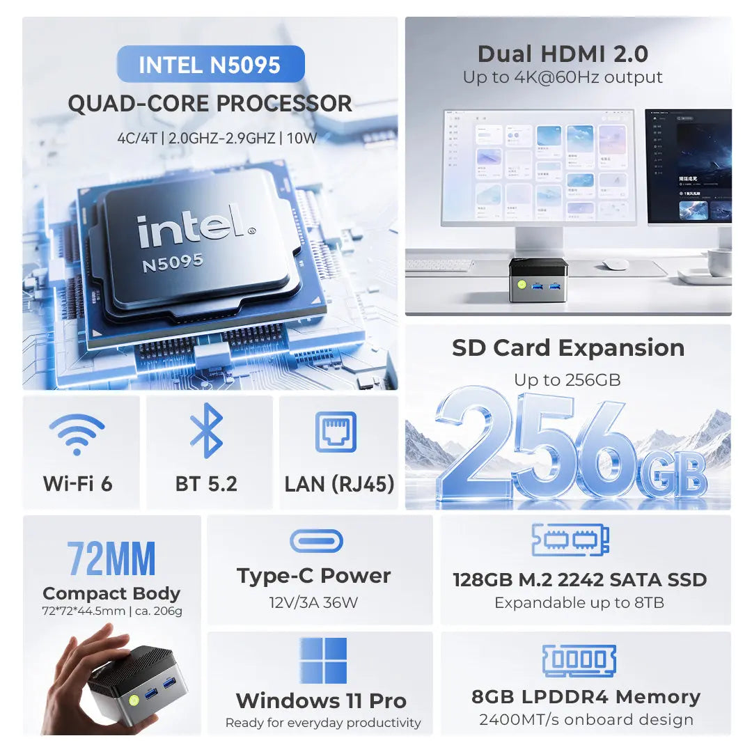 GMKtec NucBox G5S Mini PC Intel Celeron N5095, 8GB RAM, 256GB SSD, Windows 11 Pro
