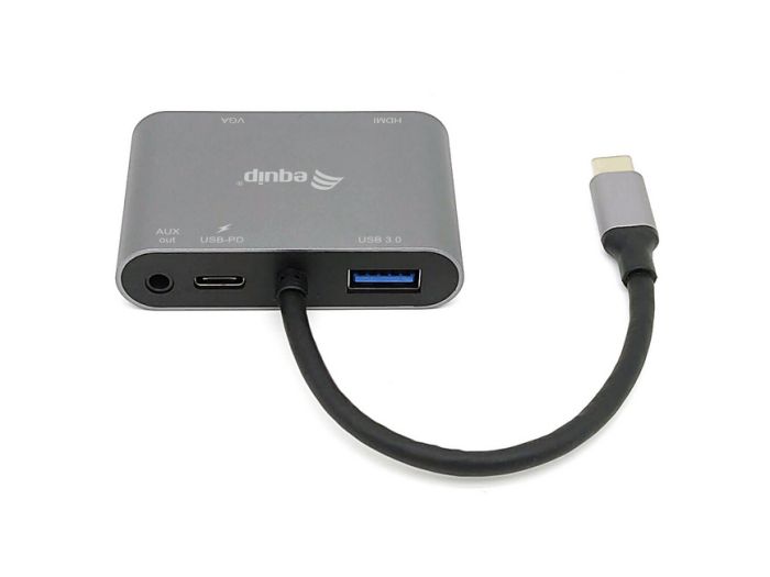 Equip USB-C 5-in-1 Adapter, HDMI, VGA, USB-A, AUX, 100W PD, Black