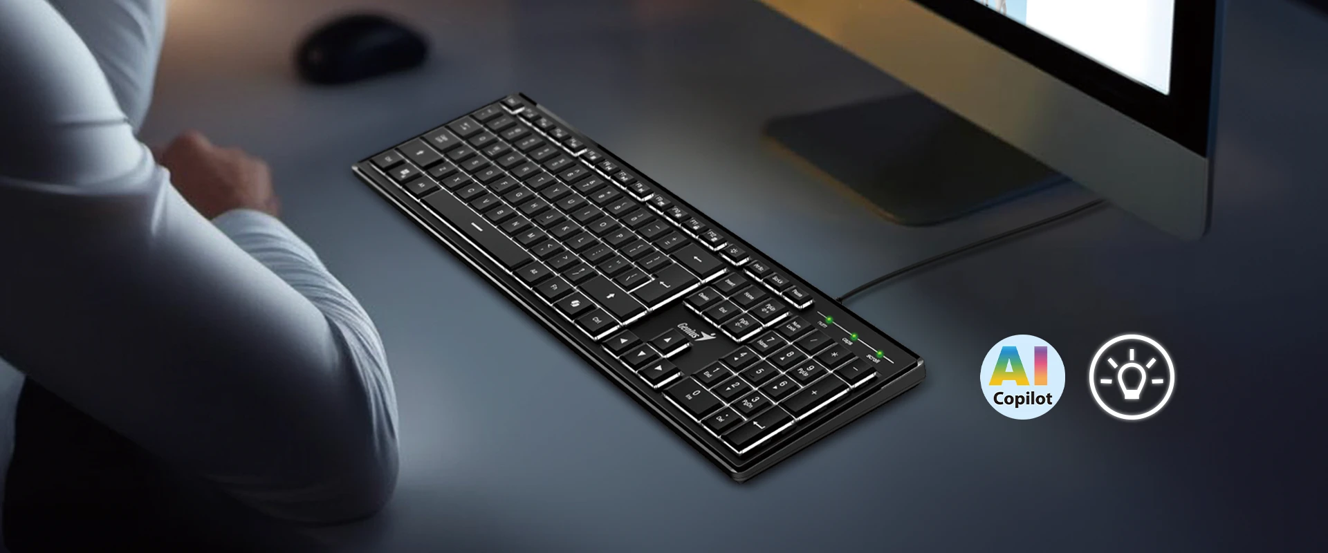 Genius SlimStar 820 Illuminated Slim USB Keyboard with Copilot Key, Black