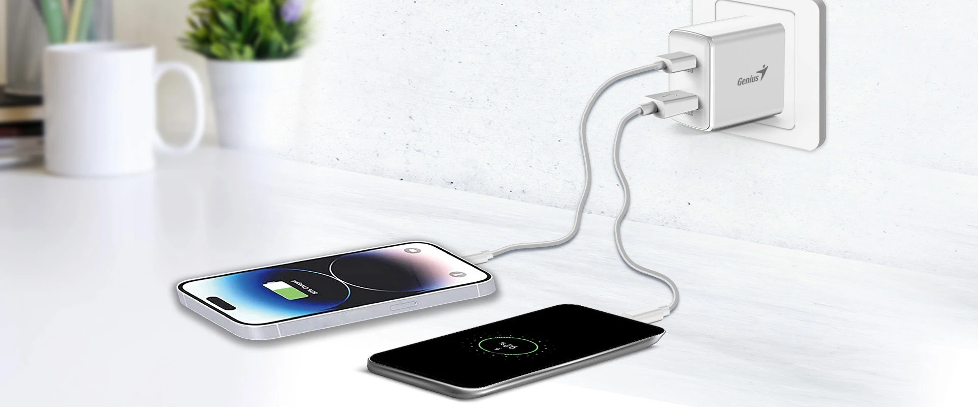 Genius PD-20AC 20W Dual Port USB-C and USB-A Fast Wall Charger, White